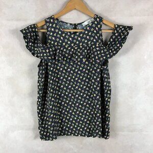 LOFT Black Mini Floral Cold-Shoulder Top PETITE SMALL